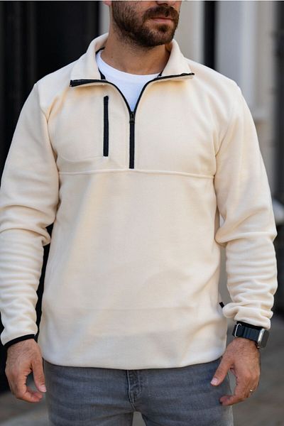 ManKlas Beige Fleece Sweatshirt with Zipper Pocket Detail on Polar Half Zipper Chest
