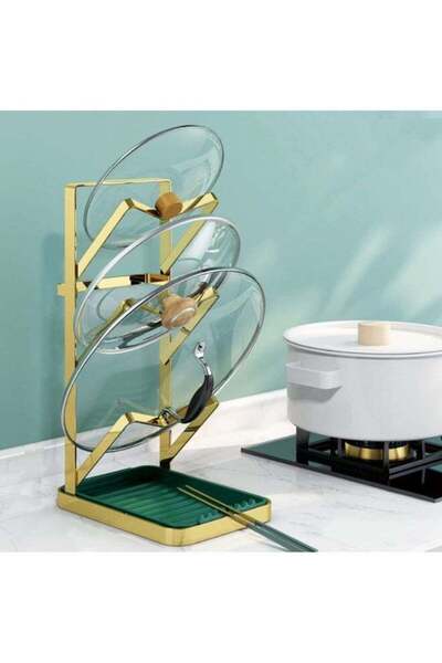 Generic BAIG Gold Kitchen Pot Lid Holder Rack â€“ Vertical Lid Organizer with Drip Tray for Countertop, Spa