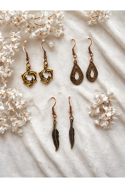 ayrestyle Set of 3 Women's Earrings - Zamac Plated Authentic Earrings |   Dolphin Figure, Eagle Feather, Ethnic Patterned Earrings