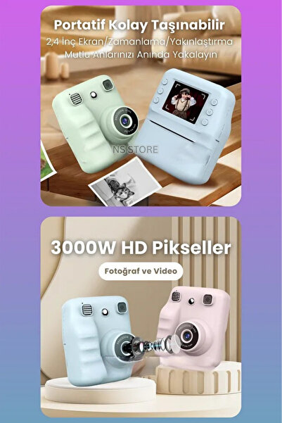 NS Store Termal Yazıcılı Çocuk Kamerası | Dijital Fotoğraf Makinesi, HD Video Kayıt