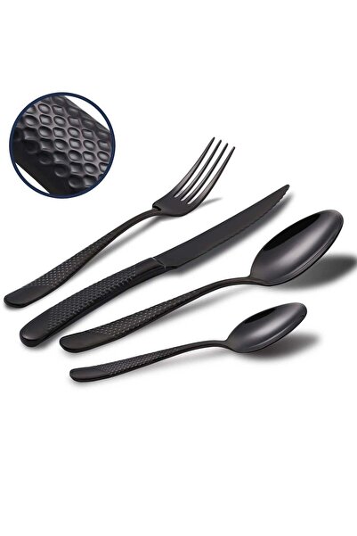 Generic Hammered Silverware Set, 4 Piece Modern Black 18 Or 10 Stainless Stee...
