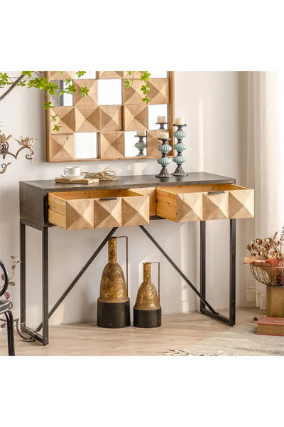 Vi Markets Wooden console - two drawers, rustic design - iron bases