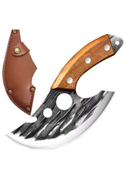 Generic Forged Double-Hole Meat & Bone Cutting Knife with Leather Sheath