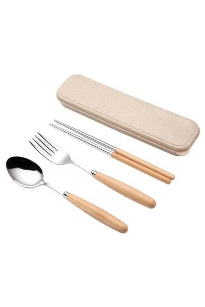 Generic Wooden-Handled Stainless Steel Flatware Set with Case, Including Dinn...