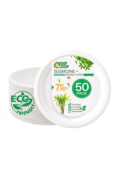 Generic EcoEdge EcoEdge 7 Inch Round White Disposable Sugarcane Bagasse Plates (Pack of 50) | Stackable, Or