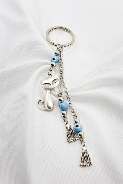 biuti Silver Colored Tasseled Blue Evil Eye Beaded Cat Keychain, Wreath Keychain