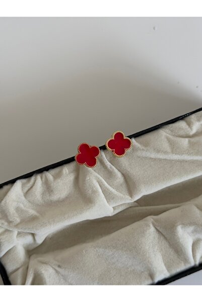 MİOSA Altın Kaplama Kırmızı Yonca Küpe