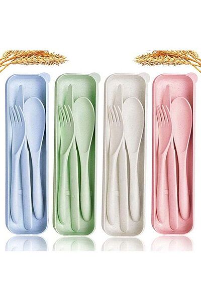 Generic Cutlery with Case Travel Utensil Set, 4 Sets Wheat Straw Reusable Portable Spoon Knife Forks Tablew