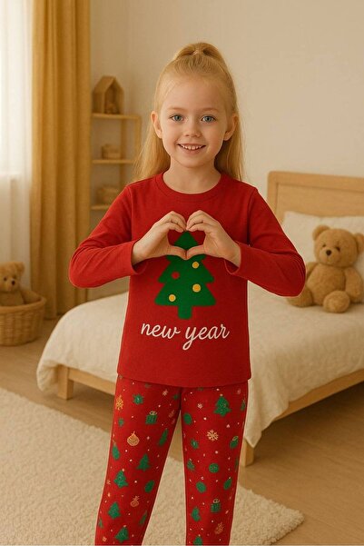 elmas kids Erkek ve kız çocuk %100 pamuklu unisex ağaç desenli pijama takımı