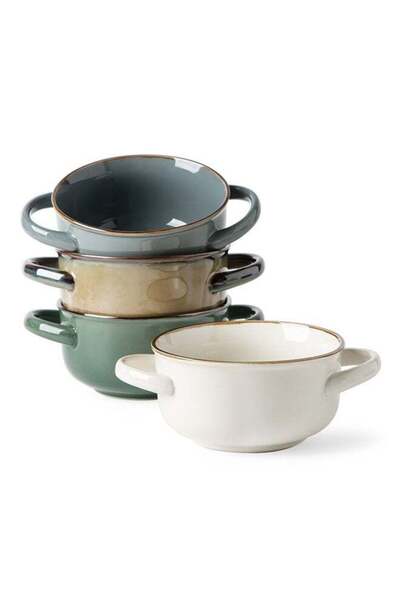 Generic 4 Piece Set Creamic Bowls, 28Oz, Stackable With Handles, For Soup, Sa...