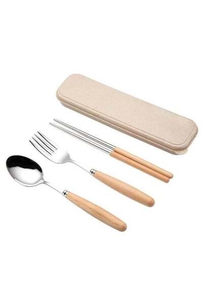 Generic Wooden-Handled Stainless Steel Flatware Set with Case, Including Dinn...