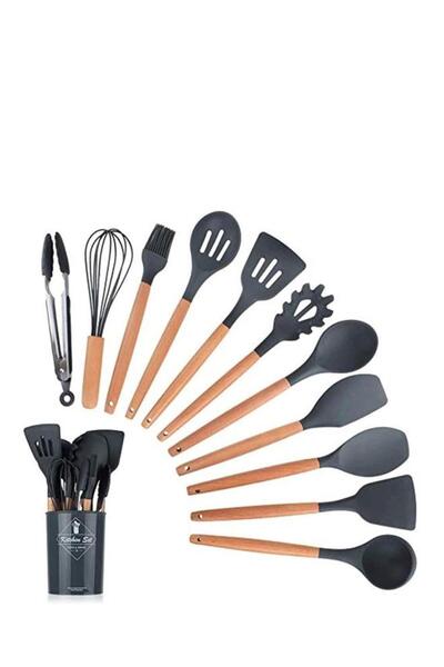 Generic HOMESTAR 11-Piece Wooden Handle Cooking Spoon Set Silicone large Black