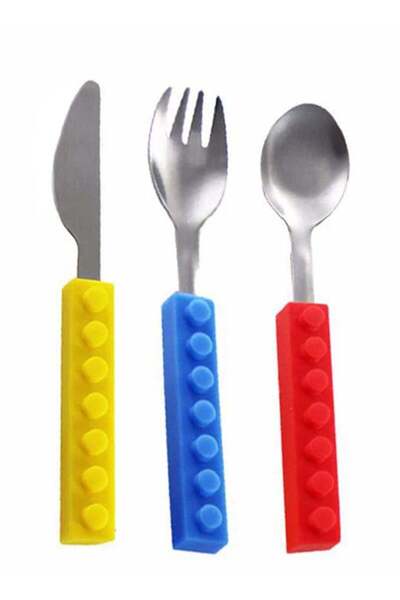 Generic 3PCS Stainless Steel Kids Cutlery Set with Silicone Building Block Ha...