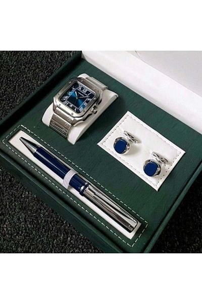 CASWATCH Men's Silver & Blue Watch Set with Cufflinks and Pen