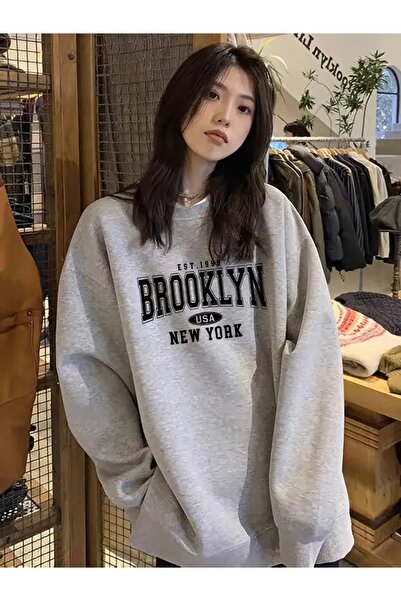 FUFLUNS سويت شيرت برقبة دائرية للجنسين مطبوع عليه BROOKLYN NEW YORK للنساء/ال...