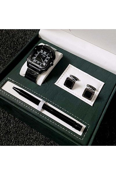 CASWATCH Men's Black Watch Set with Cufflinks and Pen
