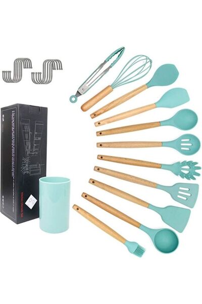 Generic مجموعة أدوات مطبخ XiuWoo من 11 قطعة بمقبض خشبي من السيليكون مع حامل و...