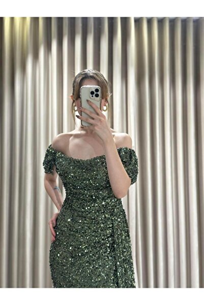 Kaleiçi Yıldızlar HAKİ Pul Payet Madonna Yaka Abiye