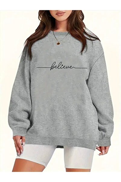 FUFLUNS سويت شيرت برقبة دائرية للجنسين مطبوع عليه BELIEVE