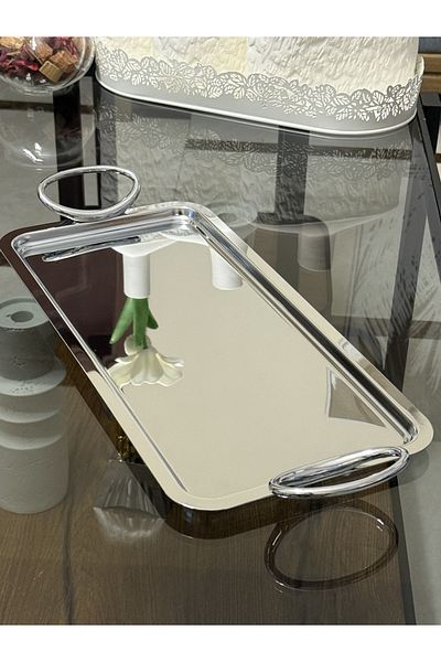 aljahwari Rectangular dessert serving tray with round handle, size 38*18 cm