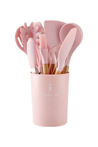 Generic XiuWoo 11-Piece Silicone Wooden Handle Kitchen Utensil Set With Holder Pink/Brown One Size