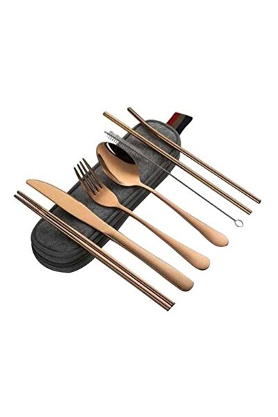 Generic 8-Piece Portable Travel Cutlery Set Rose Gold/Grey 25x6cm