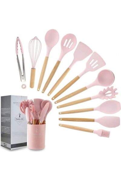 Generic مجموعة أدوات طهي XiuWoo المصنوعة من السيليكون المقاوم للحرارة وغير اللاصق، مكونة من 12 قطعة، وردي/بني، مقاس واحد