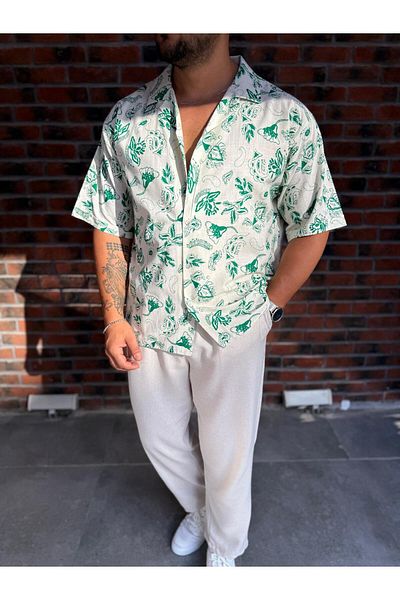 Baycombine35 Men's Hawaiian Style Floral Patterned Summer Linen Shirt