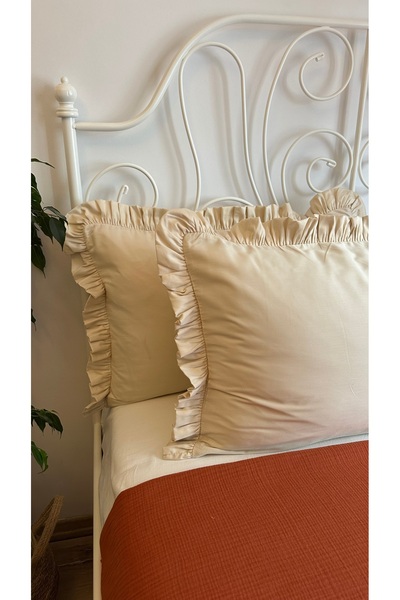 Decamor home Pack of 2 Vanilla Light Beige Cotton Satin Ruffle Pillowcases