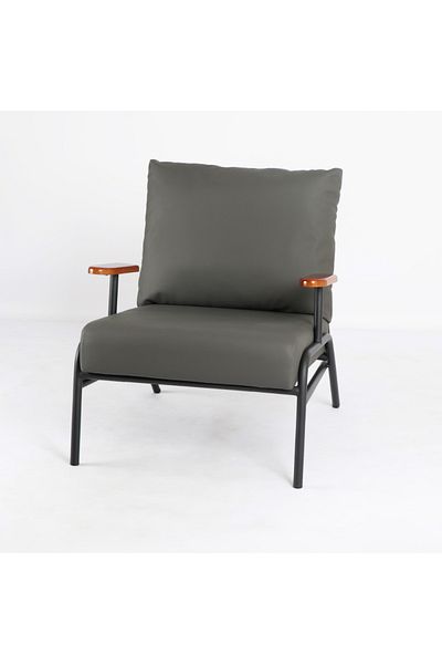Vi Markets Grey leather chair with wooden armrests