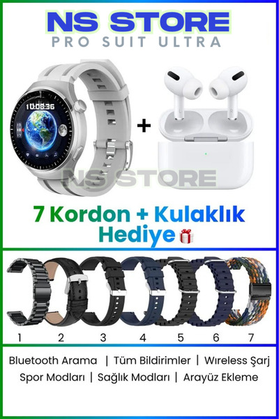 NS Store PRO SUIİT ULTRA Akıllı Saat Seti | 7 Kordon + Pro 2 Bluetooth Kulakl...