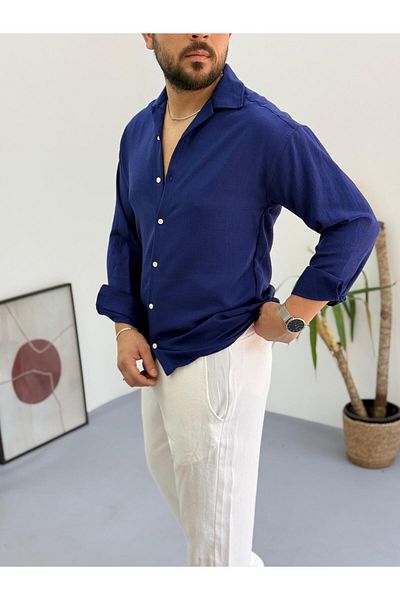 Baycombine35 Men's Long Sleeve Button down Light Fabric Linen Shirt
