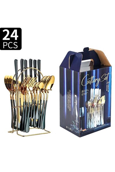 Generic 24-Piece Stainless Steel Cutlery Set with Stand Green Finish