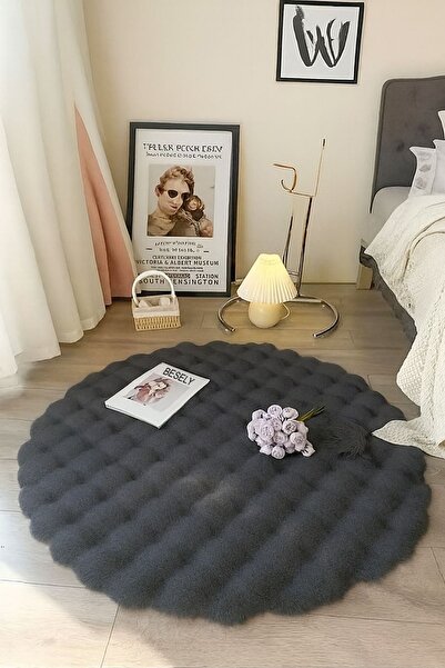 BESELY Koyu Gri Bubble Yuvarlak Peluş Yumuşak Kaymaz Taban Tüylü Yıkanabilir ...