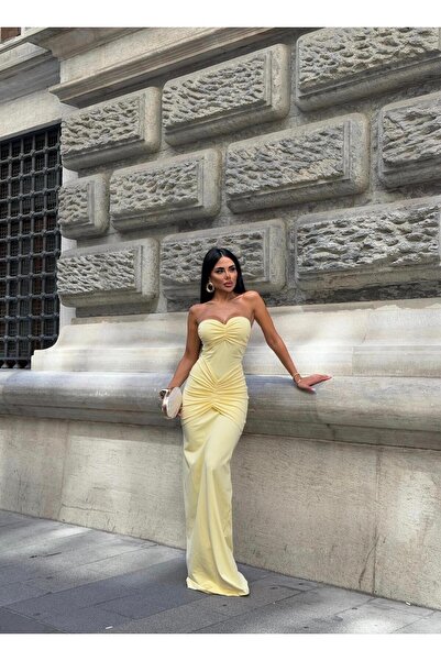 sajarsln Saja Rsln Dalgıç Kumaş Likralı Straplez Büzgülü Uzun Elbise