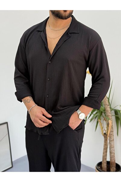 Combineman35 Unisex Long Sleeve Buttoned Wrinkle Crinkle Fabric Shirt