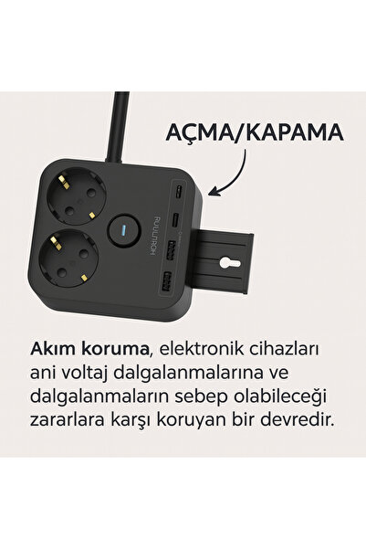 Brawi 1.4 metre kablolu akım korumalı telefon tutacaklı 2X USB 2X type-C girişli fulltech priz