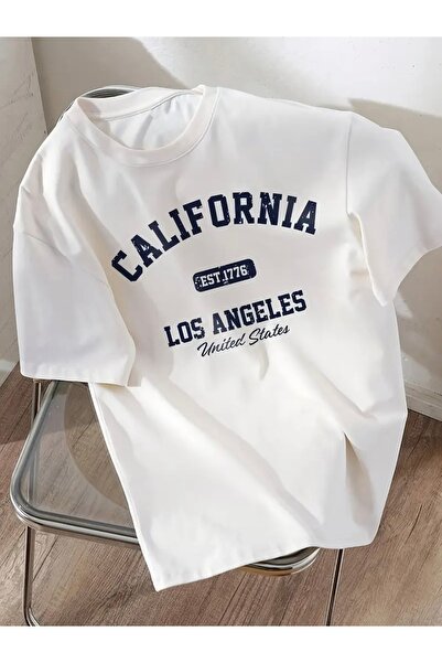 FUFLUNS تي شيرت CALIFORNIA LOS ANGELES مطبوع للجنسين للنساء/الرجال برقبة دائرية كبيرة الحجم