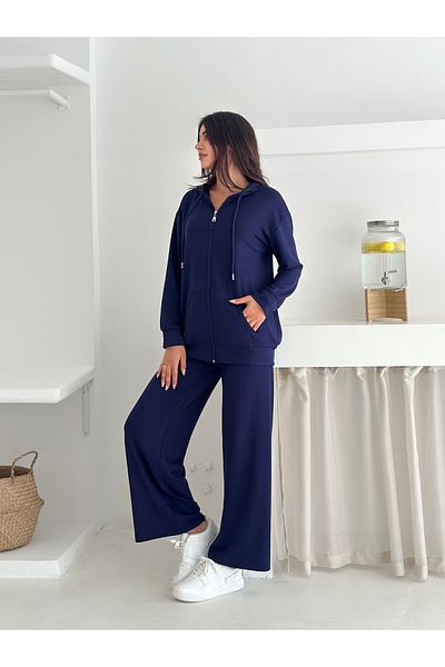 sportiness Hooded Zippered Wide Leg Modal Fabric Tracksuit Set
