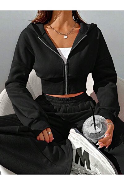 LOUİSA Kadın Fermuarlı Kapşonlu Siyah Crop Hırka-Bol Kesim Eşofman Takım