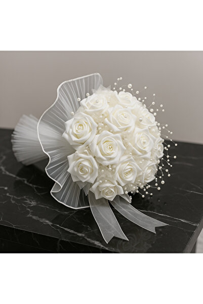 Bioren Tüllü İncili Taşlı Beyaz Gül Gelin Çiçeği - Beyaz01