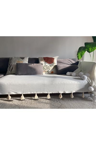 Divanest Double Layer Wrinkle-Free Muslin Fabric Soft Sofa Cover Ecru (for Three-Seat Sofa 90X 210cm)