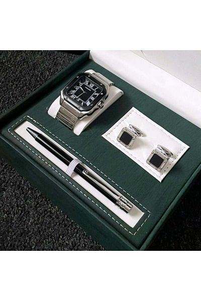 CASWATCH Men's Silver and Black Watch Set with Cufflinks and Pen