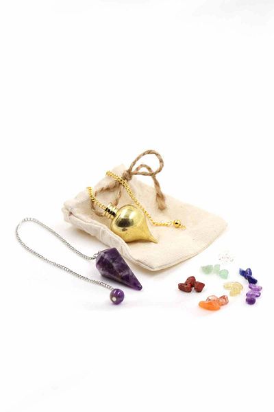 SAURACHI Natural Stone Amethyst Stone Pandul-Rice Pandul Pendulum with Chamber Pendulum Spiral Line Set of 2