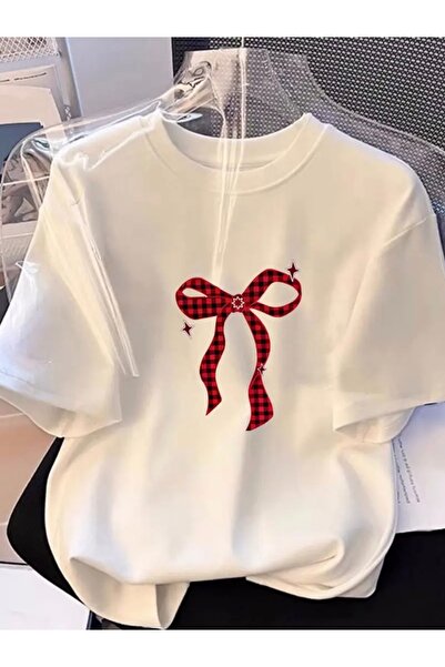 FUFLUNS تي شيرت مطبوع بشريط منقوش للجنسين للنساء/الرجال برقبة دائرية كبيرة الحجم