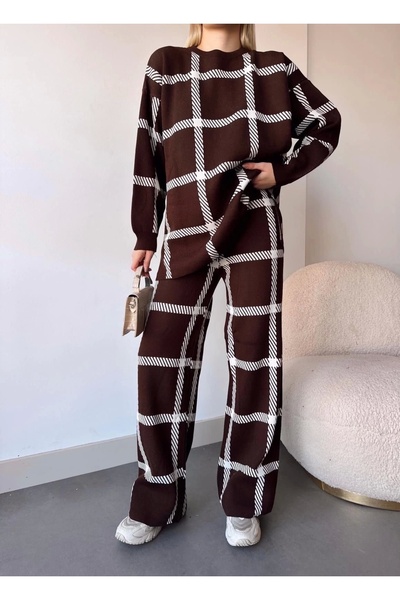 BEEMU Plaid Knitwear Suit Coffee-White