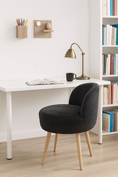 WEBPANYA X Large Antrasit Teddy Kumaş Dekoratif Berjer Puf Makyaj Masası Pufu