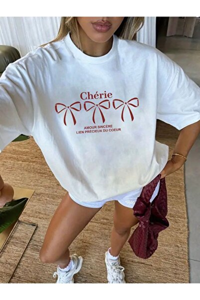 FUFLUNS تي شيرت CHERIE RIBBON مطبوع كبير الحجم للجنسين للنساء/الرجال برقبة دا...
