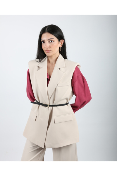 DEQ FASHION سترة نسائية كبيرة الحجم بتفاصيل جيب بيج وحزام مبطن