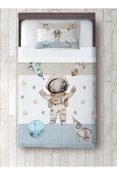 yok yok evim eve dair her şey Blue Bordured Astronaut Patterned Baby Kids Pique and Pillowcase Bedspread Set